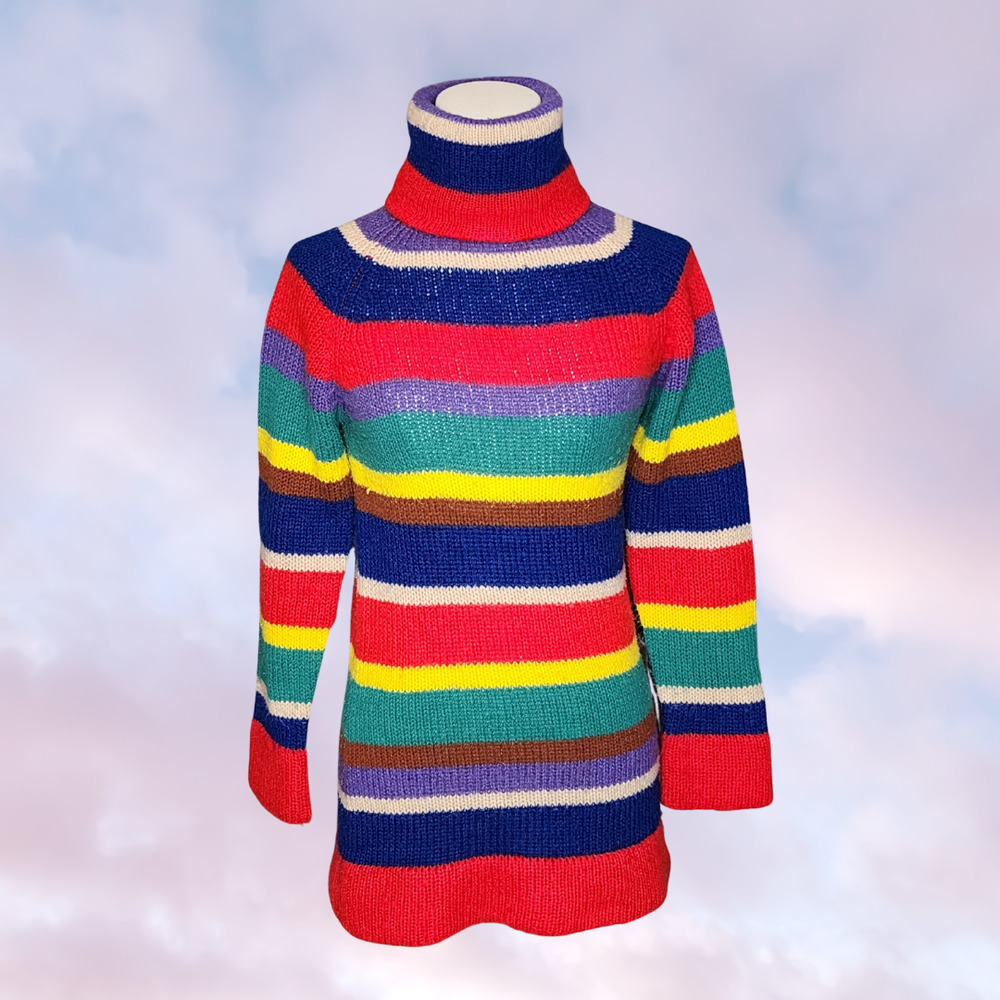 Vtg 70s Hukapoo Colorful Rainbow Striped Funky Turtleneck Knit Unisex Sweater M